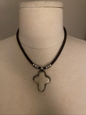 JW Designs Southwestern Brown Braided Leather Necklace with White Cross Pendant